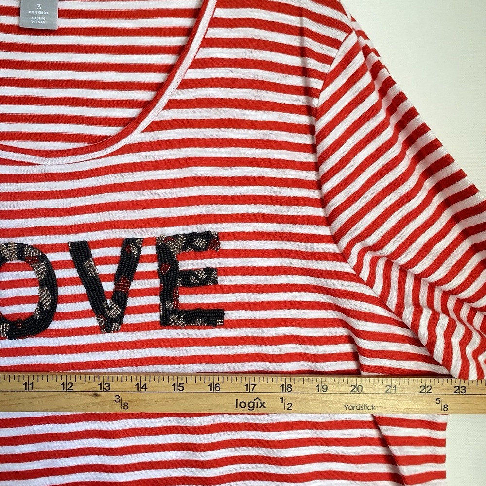 Chicos Tunic Top XL Red Striped Round Neck Long Sleeve Beaded Love Coastal - Picture 4 of 9